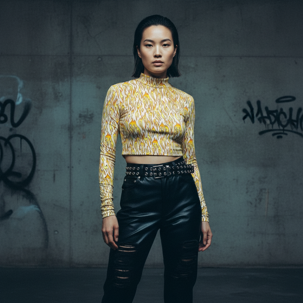 Biker Flame Mock Neck Long Sleeve Crop Top | Bold Printed Fitted Top [Sizes S–XL]