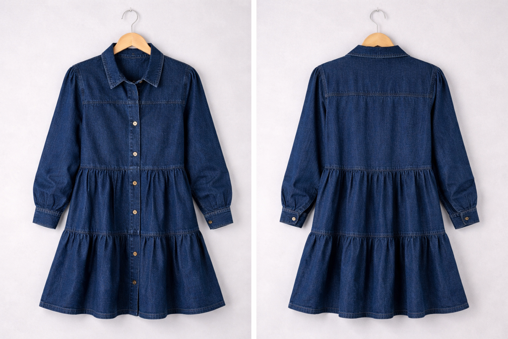Button Down Babydoll Ruffle Denim Dress