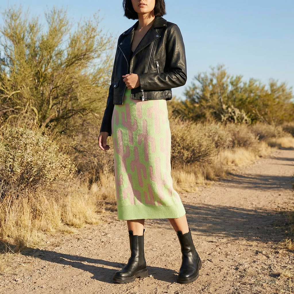 Cactus Knit Midi Skirt | Green Intarsia Cactus Sweater Skirt | Boho Desert Knit Skirt