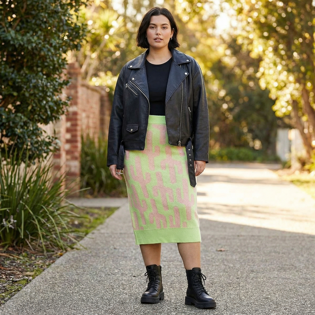Cactus Knit Midi Skirt | Green Intarsia Cactus Sweater Skirt | Boho Desert Knit Skirt