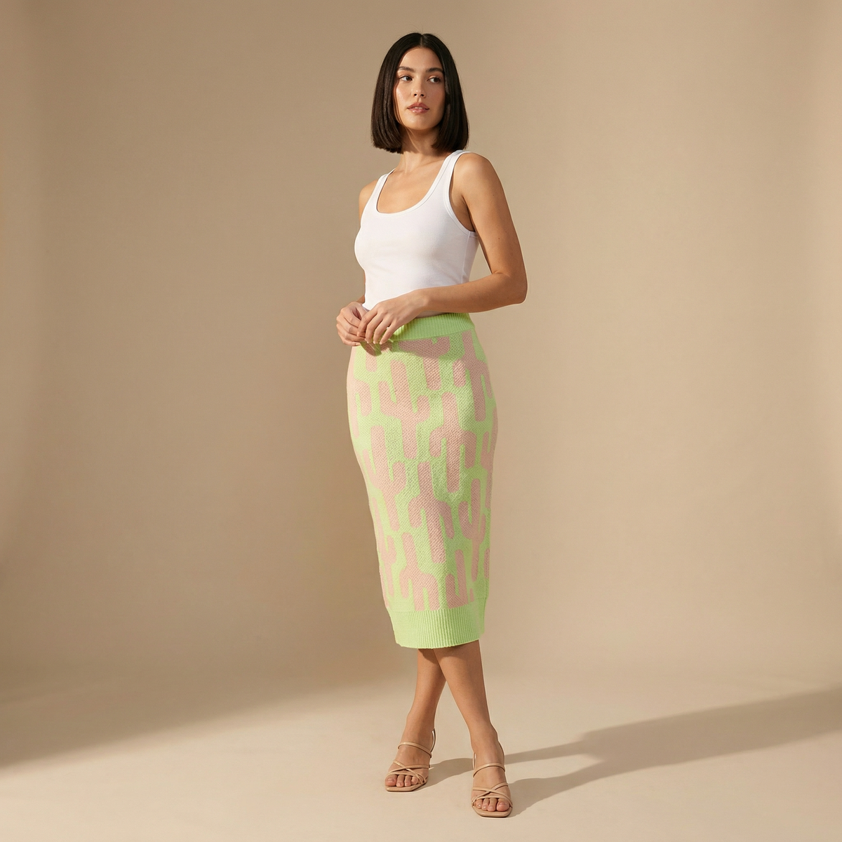 Cactus Knit Midi Skirt | Green Intarsia Cactus Sweater Skirt | Boho Desert Knit Skirt