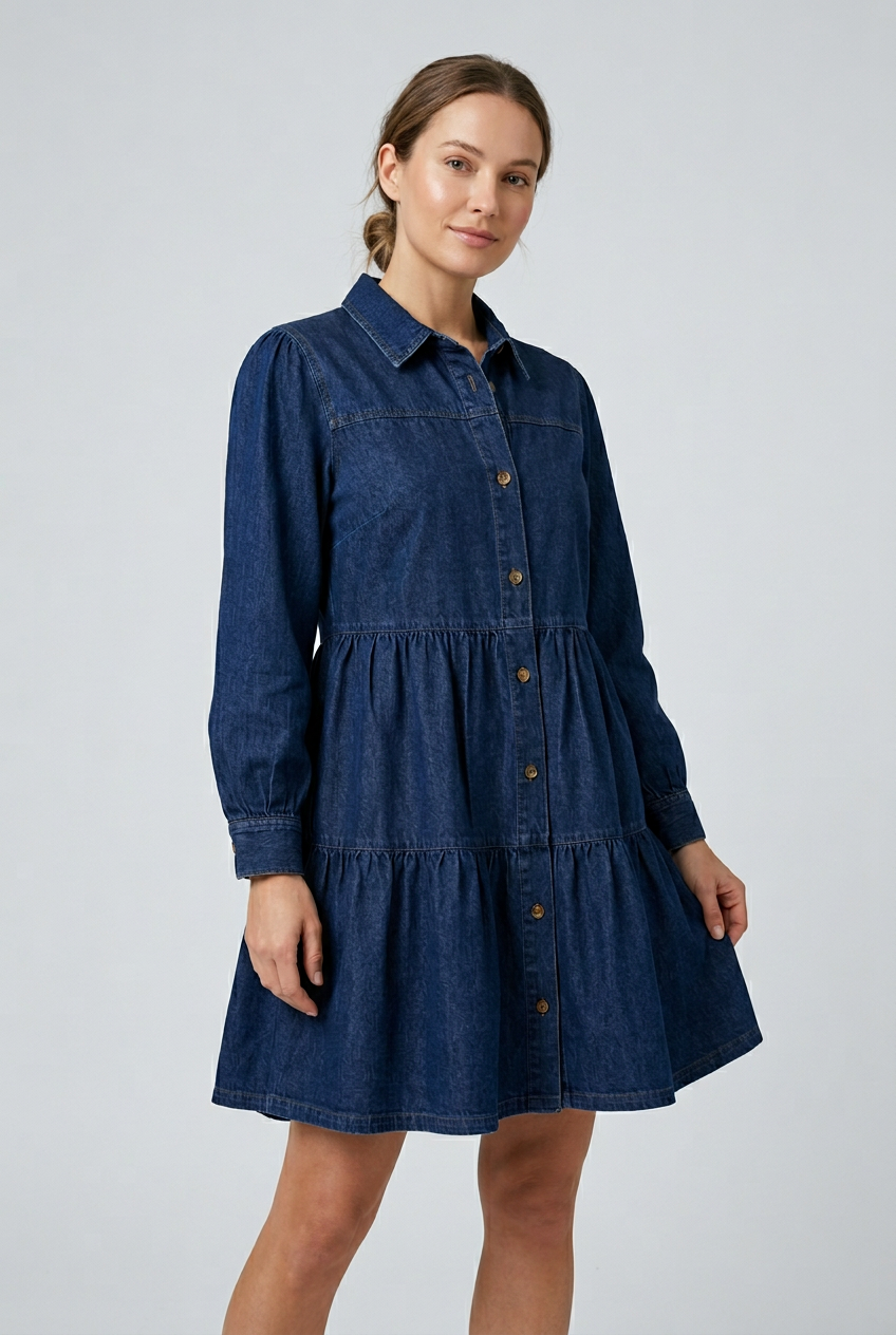Button Down Babydoll Ruffle Denim Dress