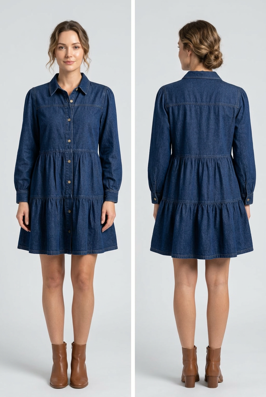 Button Down Babydoll Ruffle Denim Dress
