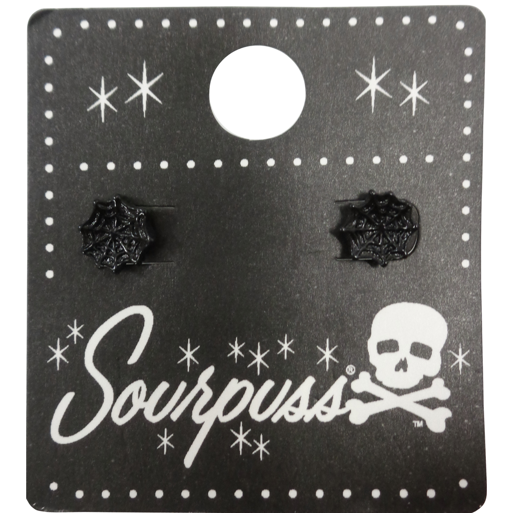 Sourpuss Earrings | Black Spider Web Studs | Gothic Rockabilly Resin Design
