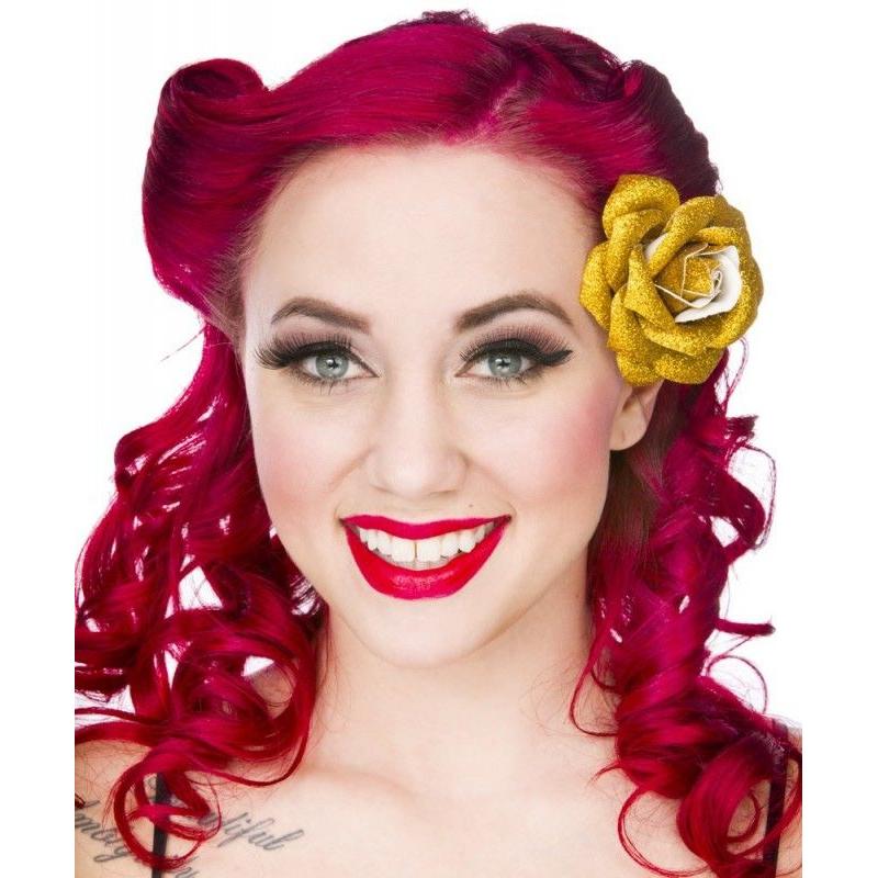 Sourpuss Gold Glitter Rose Hair Clip | Retro Rockabilly Sparkly Rose Alligator Clip