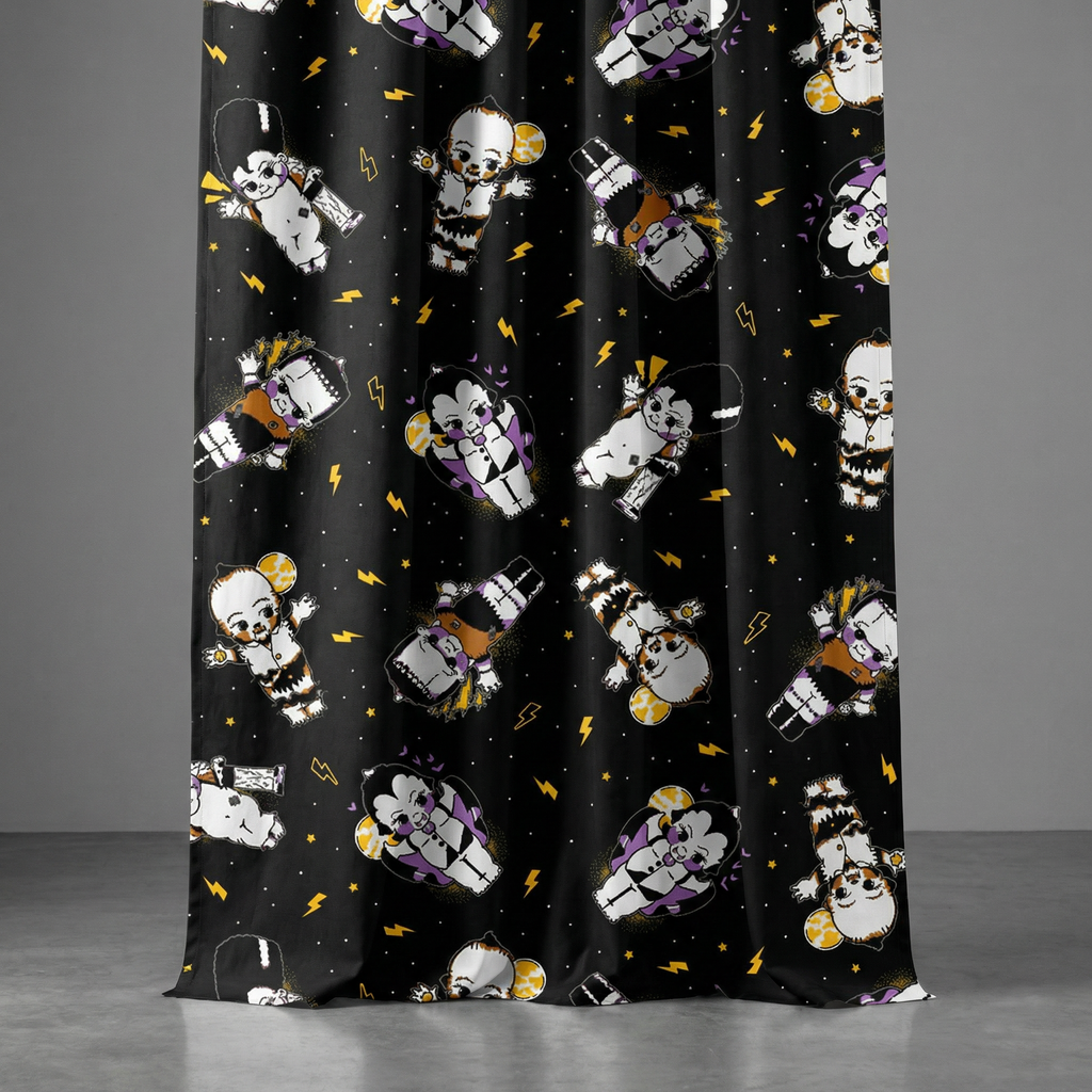 Sourpuss Kewpie Monsters Shower Curtain | Frankenstein Dracula Werewolf Polyester Bathroom Decor