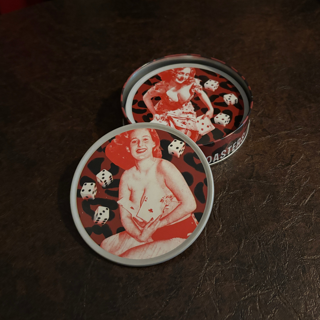 Sourpuss Nudie Coasters | Rockabilly Pin-Up Girls Set of Four | Metal & Cork Retro Drinkware with Storage Tin