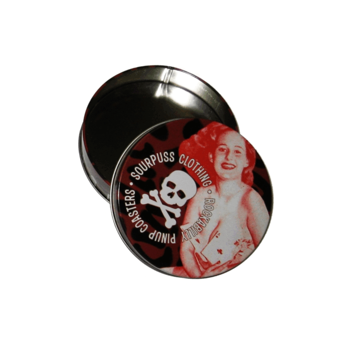 Sourpuss Nudie Coasters | Rockabilly Pin-Up Girls Set of Four | Metal & Cork Retro Drinkware with Storage Tin