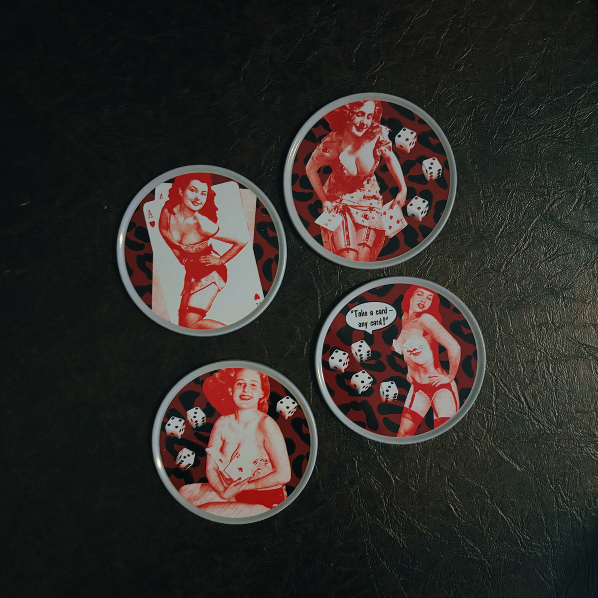 Sourpuss Nudie Coasters | Rockabilly Pin-Up Girls Set of Four | Metal & Cork Retro Drinkware with Storage Tin