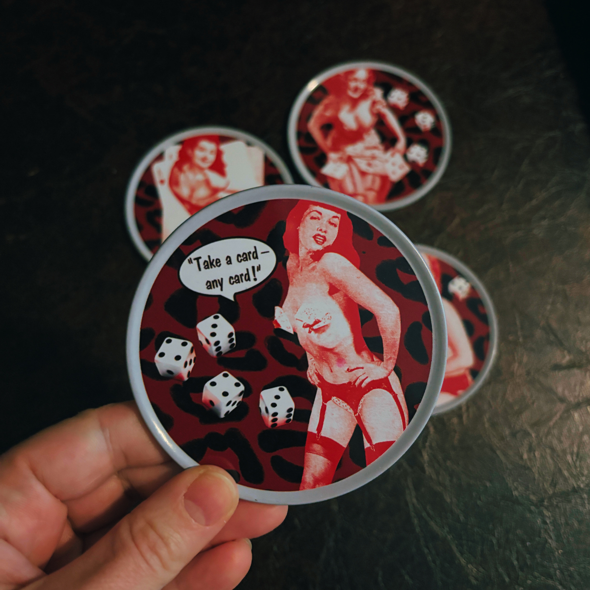Sourpuss Nudie Coasters | Rockabilly Pin-Up Girls Set of Four | Metal & Cork Retro Drinkware with Storage Tin