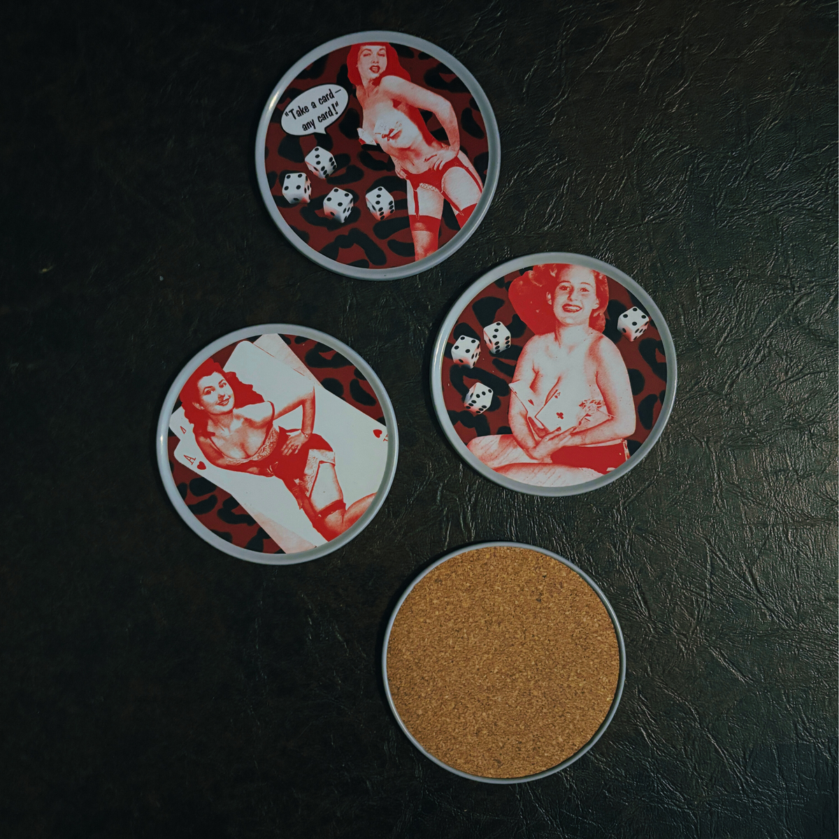 Sourpuss Nudie Coasters | Rockabilly Pin-Up Girls Set of Four | Metal & Cork Retro Drinkware with Storage Tin