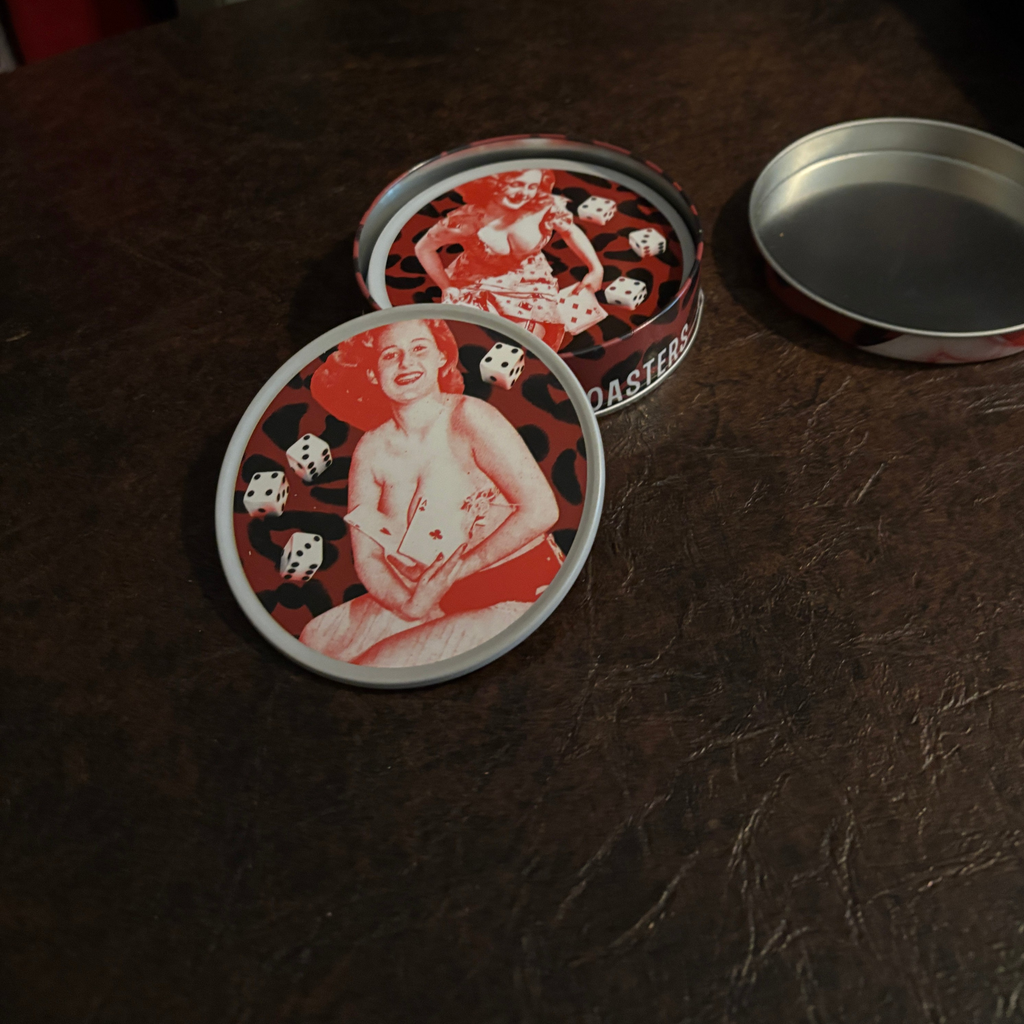 Sourpuss Nudie Coasters | Rockabilly Pin-Up Girls Set of Four | Metal & Cork Retro Drinkware with Storage Tin