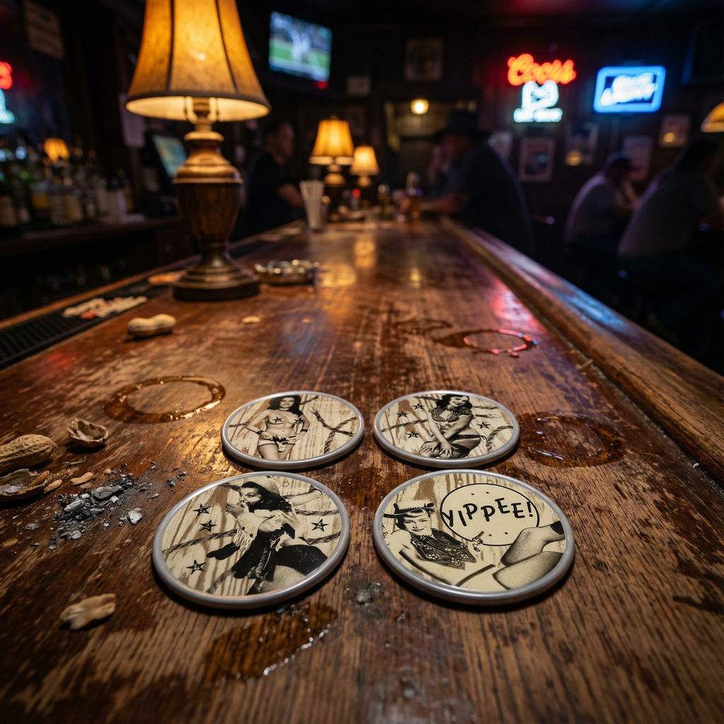 Sourpuss Nudie Coasters | Western Pin-Up Girls Set of Four | Metal & Cork Retro Round Drinkware with Tin
