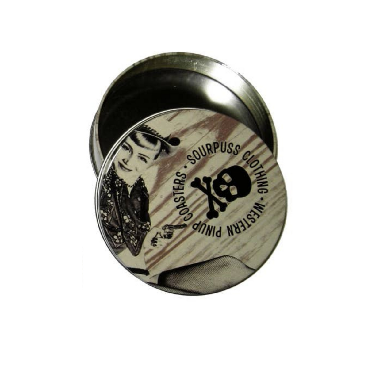 Sourpuss Nudie Coasters | Western Pin-Up Girls Set of Four | Metal & Cork Retro Round Drinkware with Tin