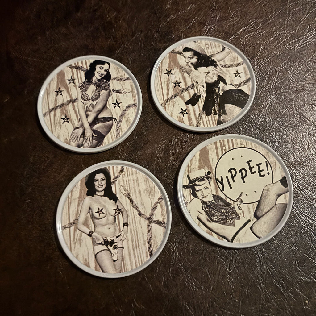 Sourpuss Nudie Coasters | Western Pin-Up Girls Set of Four | Metal & Cork Retro Round Drinkware with Tin