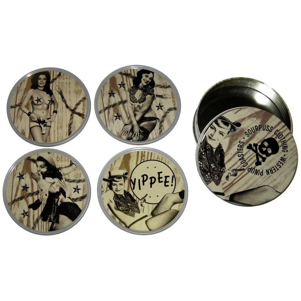 Sourpuss Nudie Coasters | Western Pin-Up Girls Set of Four | Metal & Cork Retro Round Drinkware with Tin