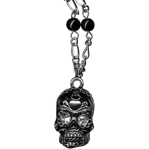 Sourpuss Silver Skull Pendant Necklace | Sugar Skull with Rhinestone Eyes – Clear & Purple Options
