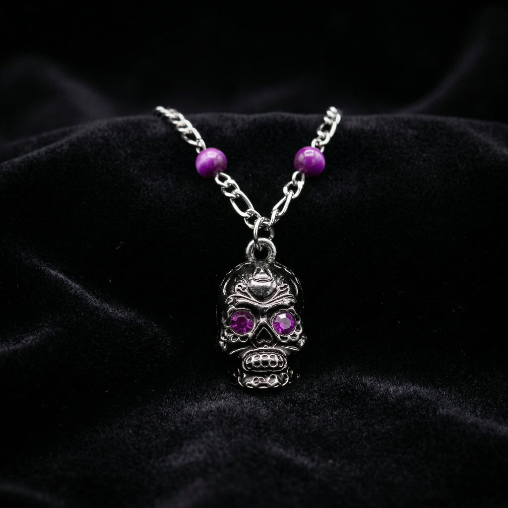 Sourpuss Silver Skull Pendant Necklace | Sugar Skull with Rhinestone Eyes – Clear & Purple Options