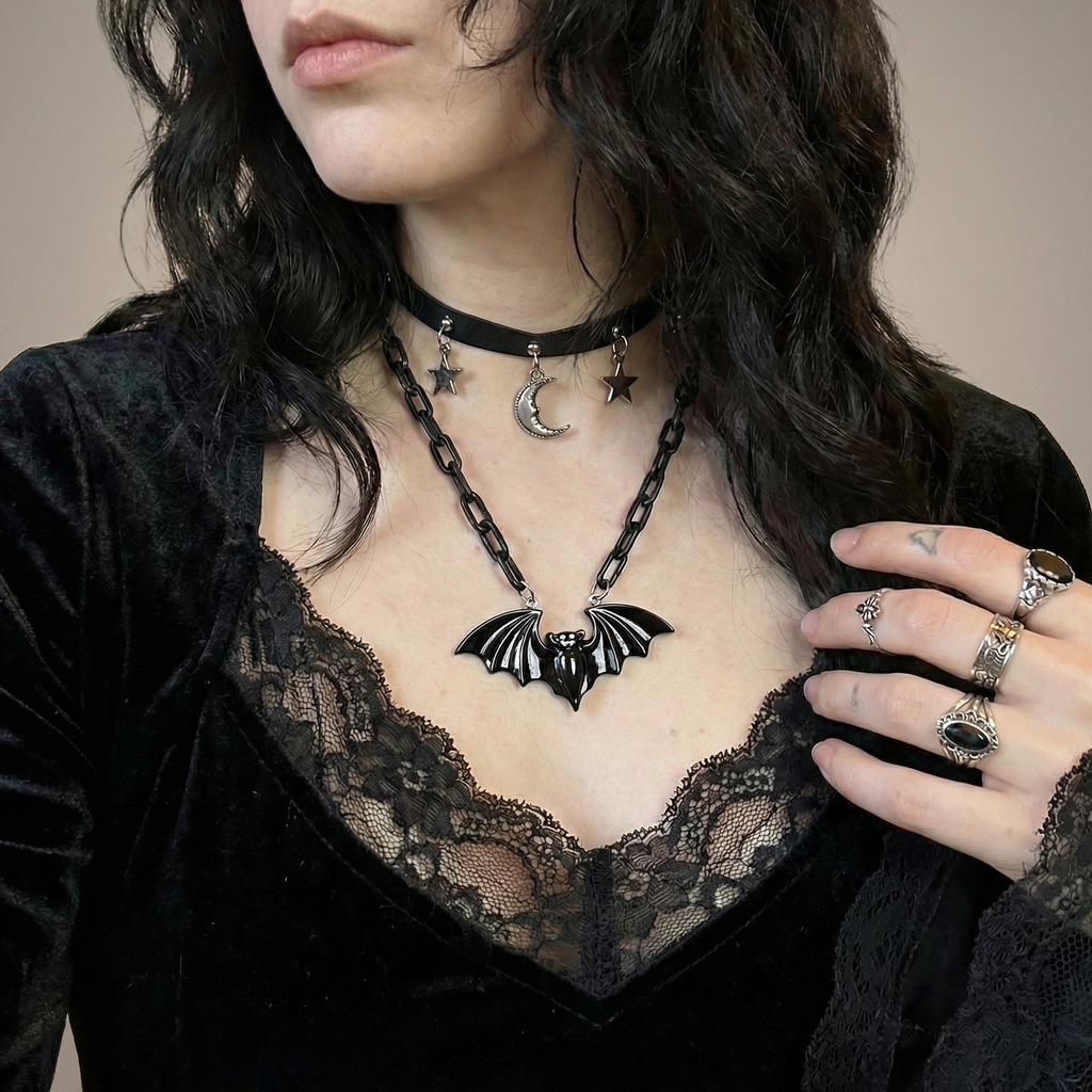 Sourpuss Smiling Vampire Bat Necklace | Chunky Chain Gothic Bat Pendant with Fang Grin