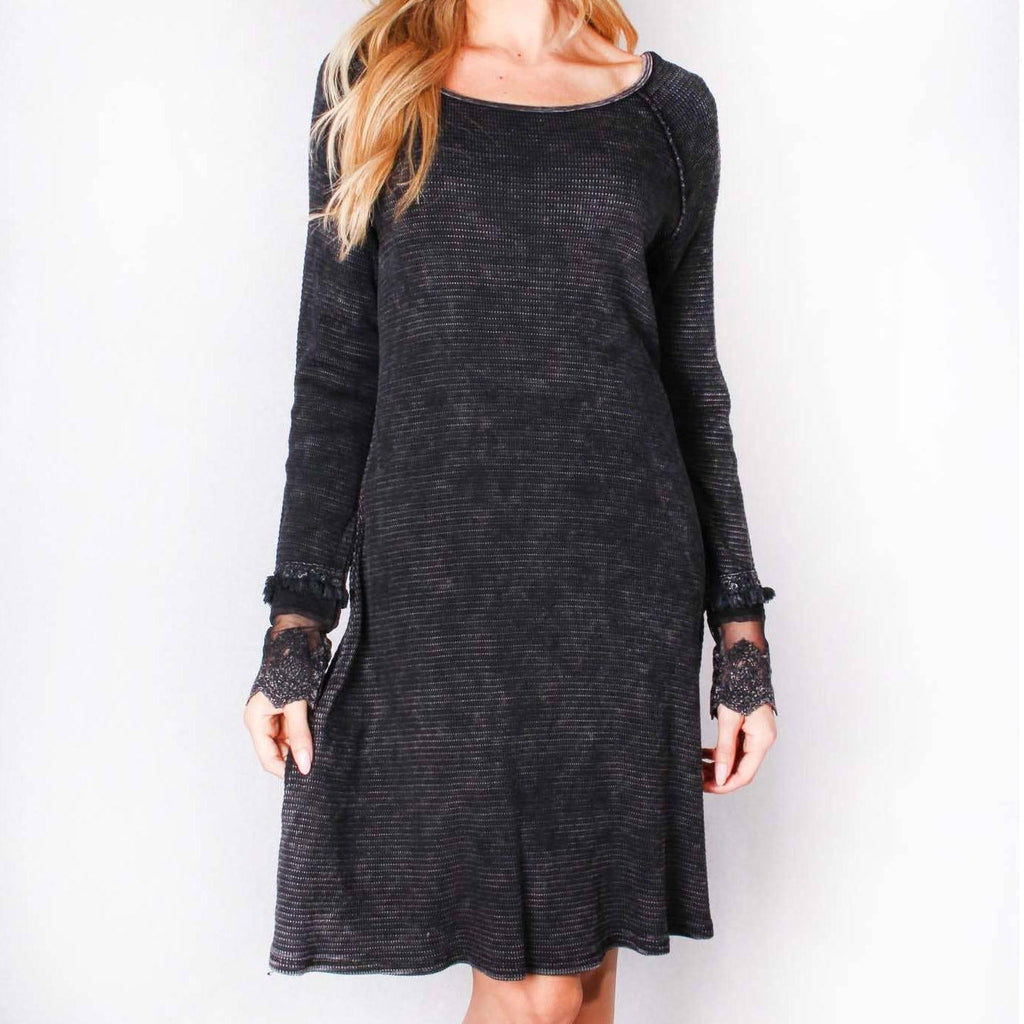 Ultimate '90s Princess Grunge Waffle Dress in Black with Lace Mesh Sleeve Detail | Y2K Mall Goth Long Sleeve Fall Winter Dress [SM-XL]
