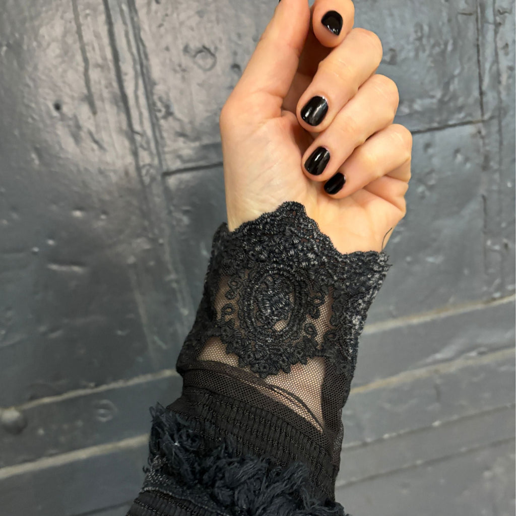 Ultimate '90s Princess Grunge Waffle Dress in Black with Lace Mesh Sleeve Detail | Y2K Mall Goth Long Sleeve Fall Winter Dress [SM-XL]