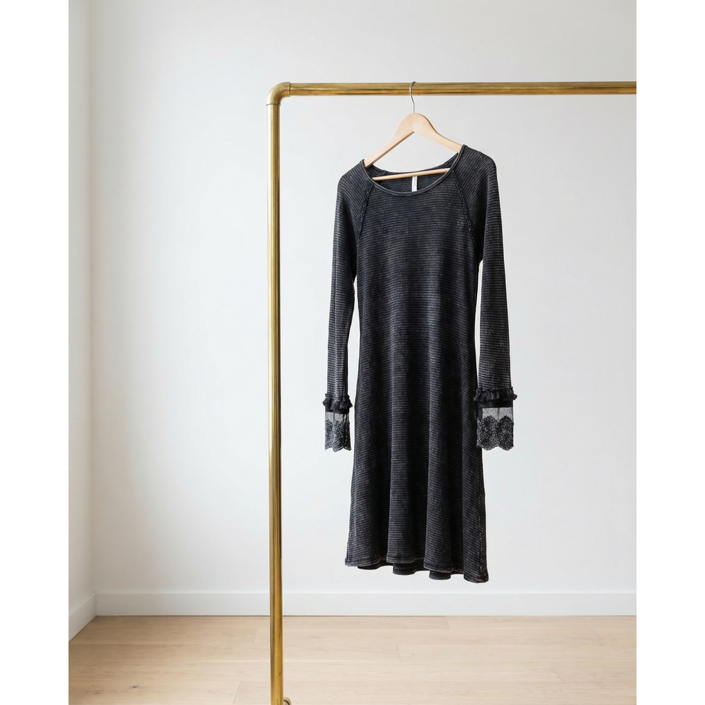 Ultimate '90s Princess Grunge Waffle Dress in Black with Lace Mesh Sleeve Detail | Y2K Mall Goth Long Sleeve Fall Winter Dress [SM-XL]