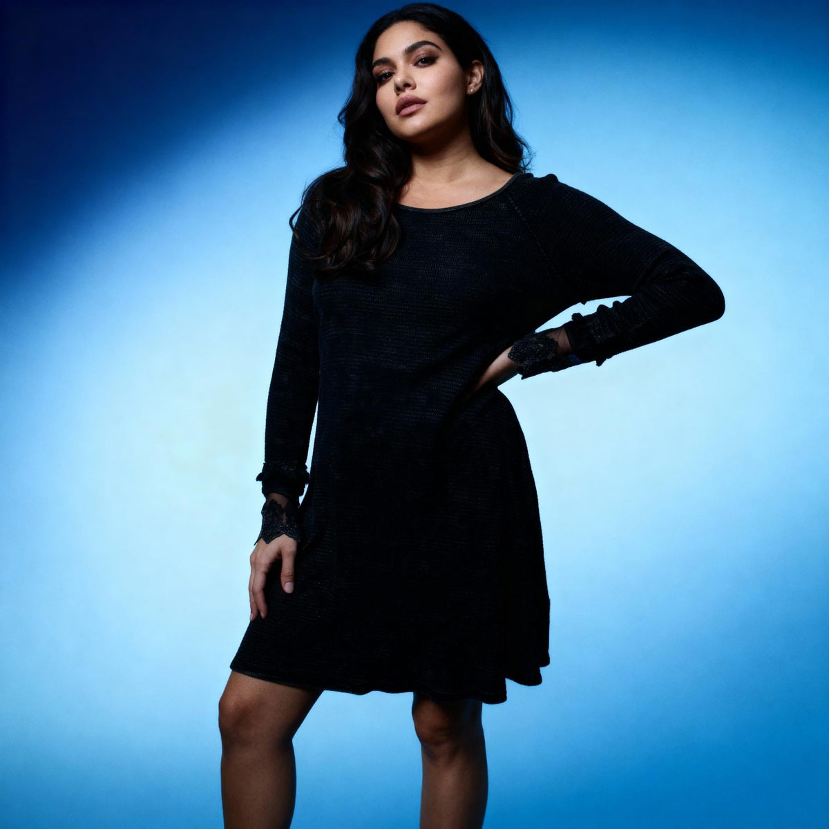 Ultimate '90s Princess Grunge Waffle Dress in Black with Lace Mesh Sleeve Detail | Y2K Mall Goth Long Sleeve Fall Winter Dress [SM-XL]
