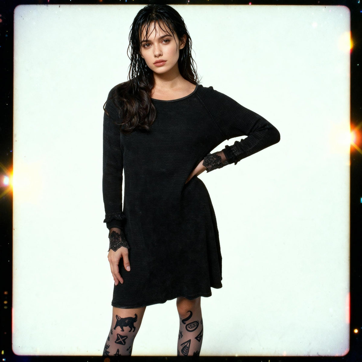 Ultimate '90s Princess Grunge Waffle Dress in Black with Lace Mesh Sleeve Detail | Y2K Mall Goth Long Sleeve Fall Winter Dress [SM-XL]