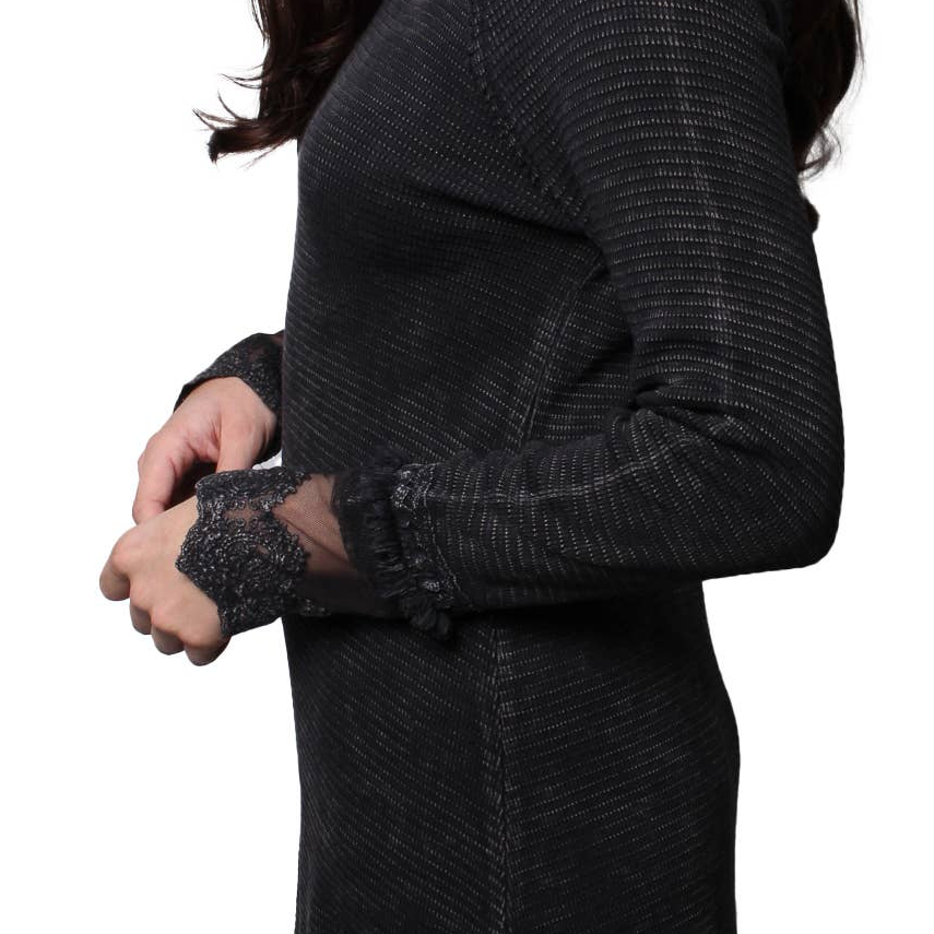 Ultimate '90s Princess Grunge Waffle Dress in Black with Lace Mesh Sleeve Detail | Y2K Mall Goth Long Sleeve Fall Winter Dress [SM-XL]