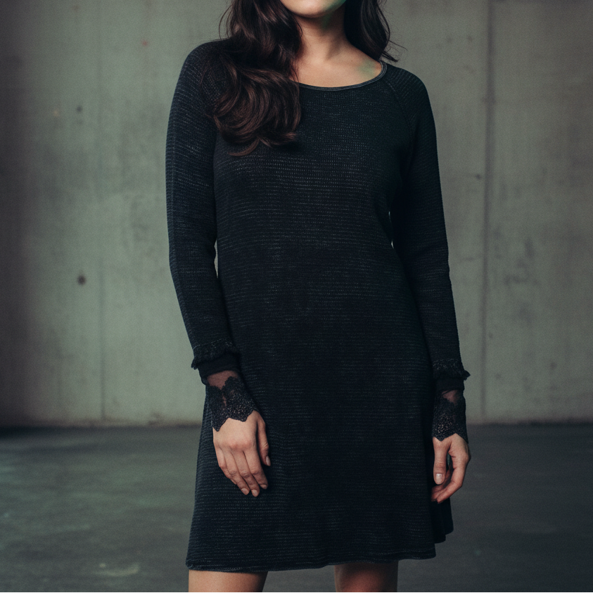 Ultimate '90s Princess Grunge Waffle Dress in Black with Lace Mesh Sleeve Detail | Y2K Mall Goth Long Sleeve Fall Winter Dress [SM-XL]