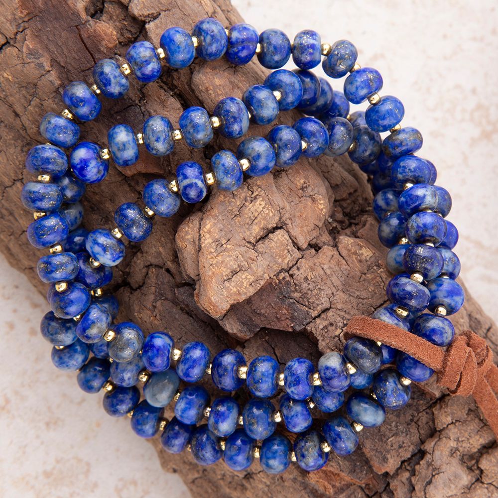 Blue Lapis Triple Strand Golden Bracelet Set
